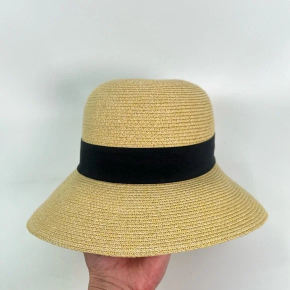 Furtalk Wide Ribbon Straw Beach Sun Hat tan khaki beige with black size medium - Picture 5 of 11
